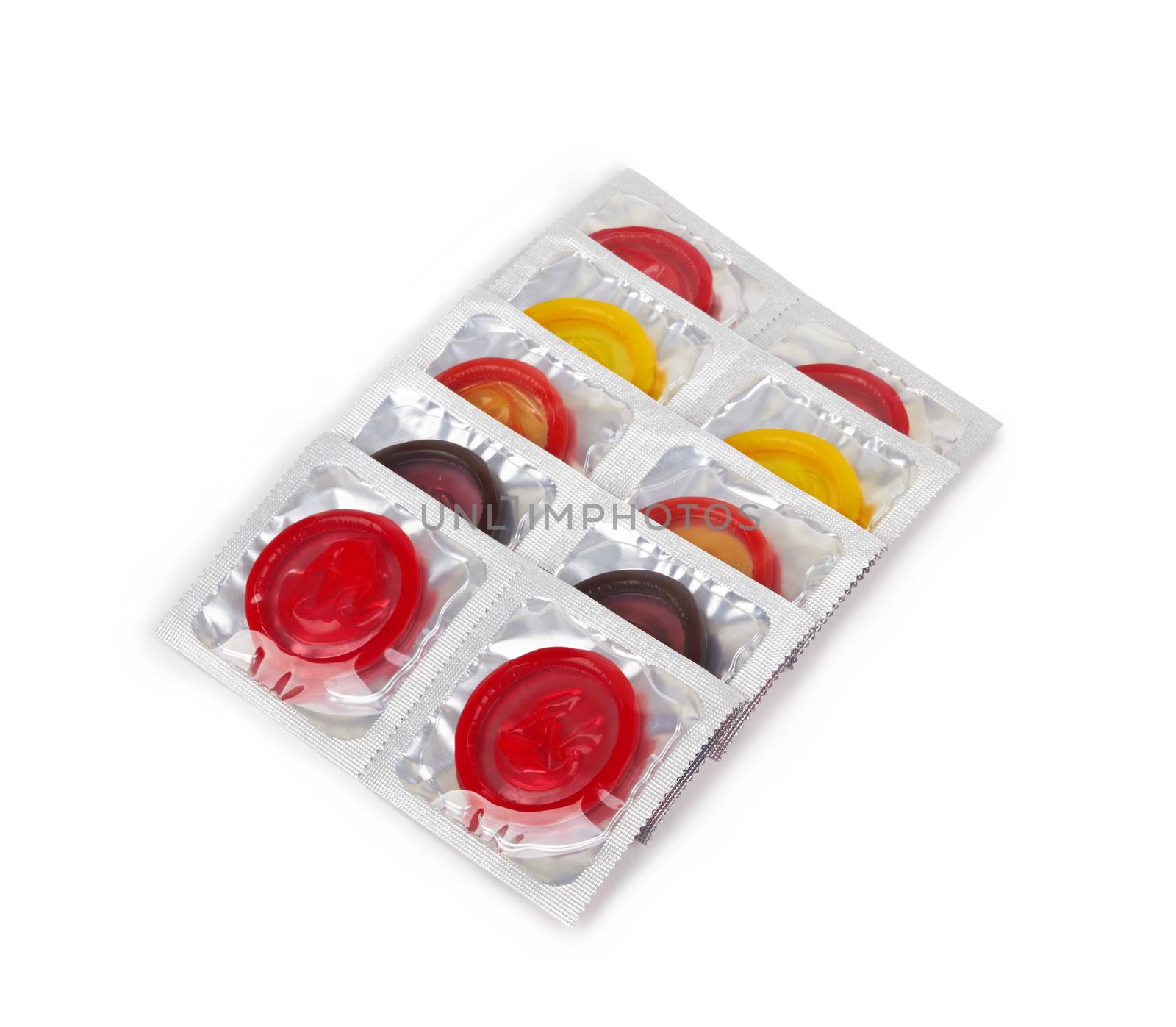 Colorful condoms isolated on white background
