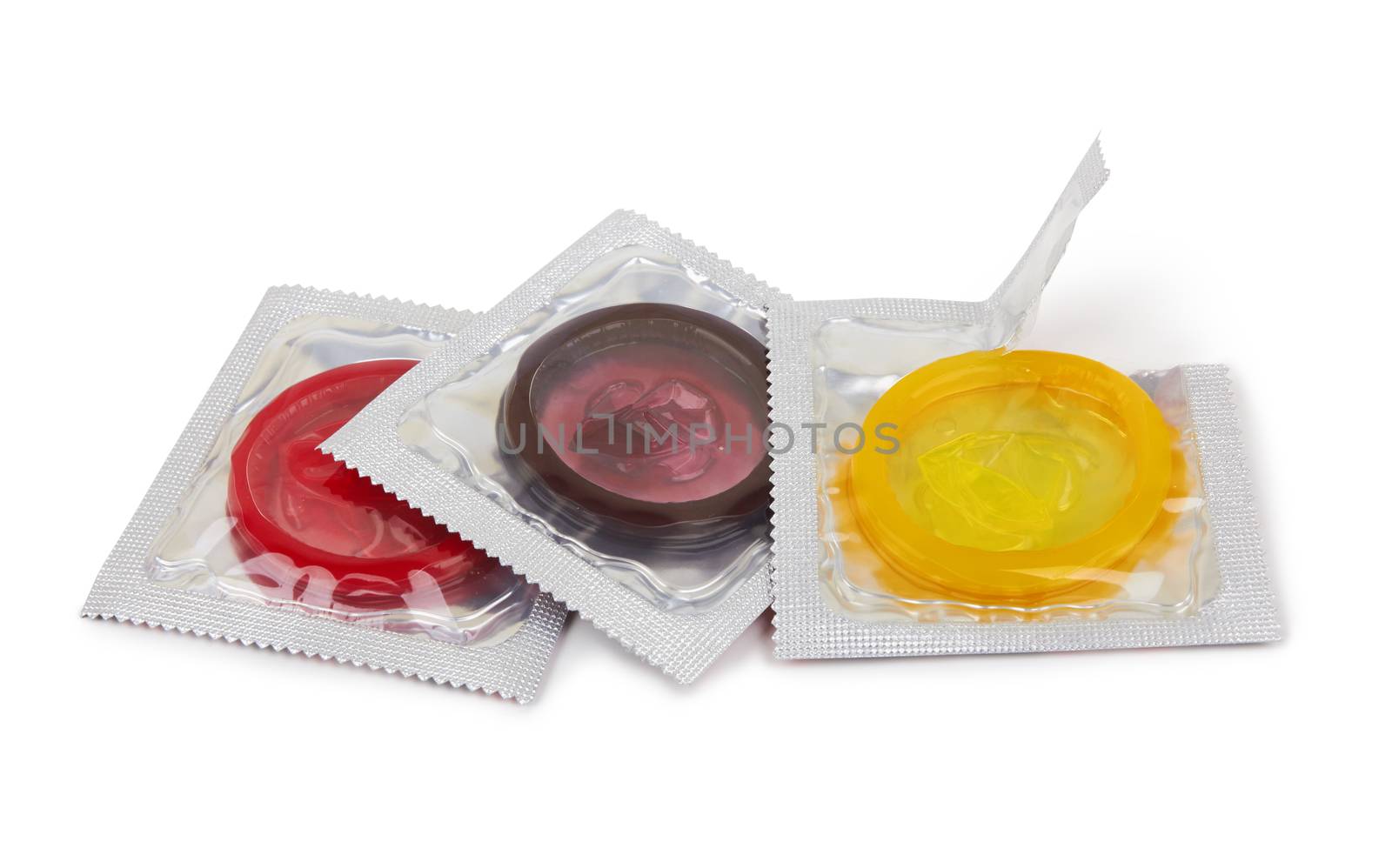 Colorful condoms isolated on white background