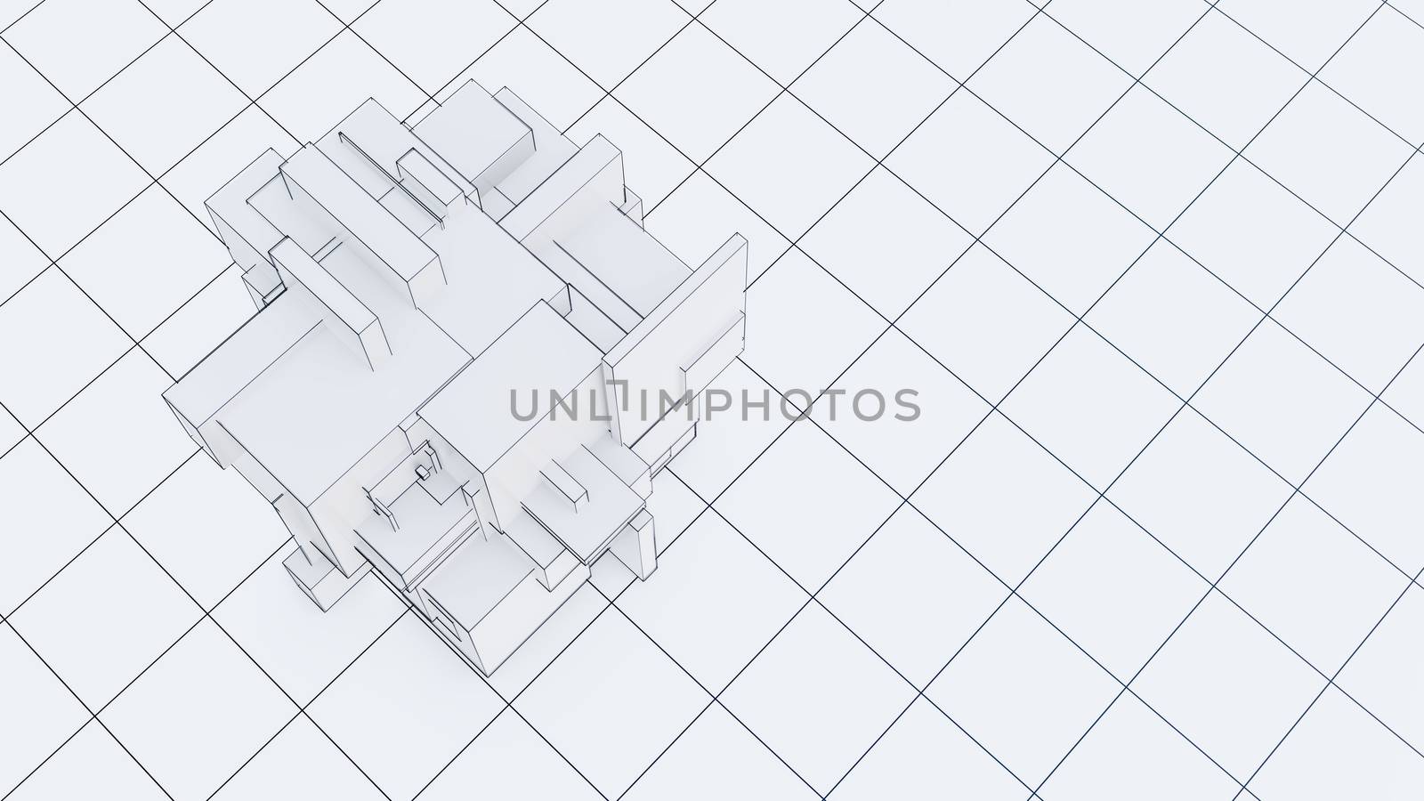 Abstract 3d object consisting of cubes. White background and grid on the floor. Technological 3d illustration for background
