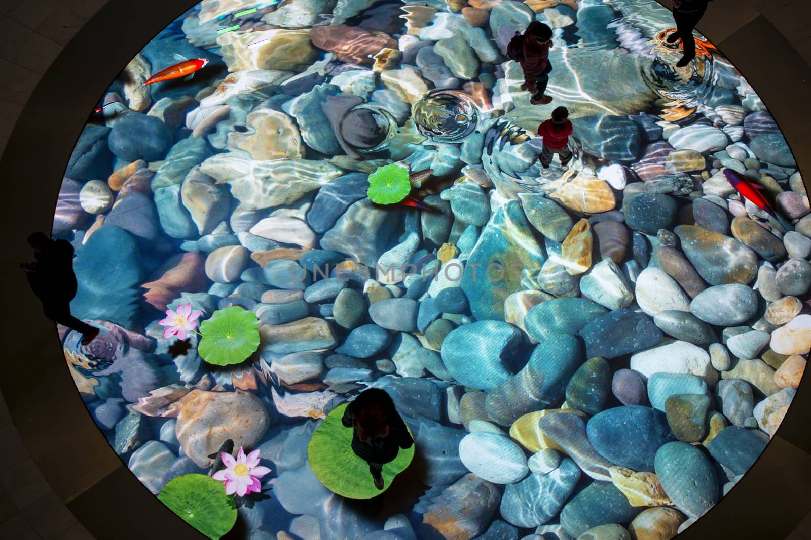 The large screen of augmented reality is felt on the floor. Digital Light Canvas, people with their children have fun on screen with a picture of the river bottom with beautiful stones and fish that swim away when you step on them.