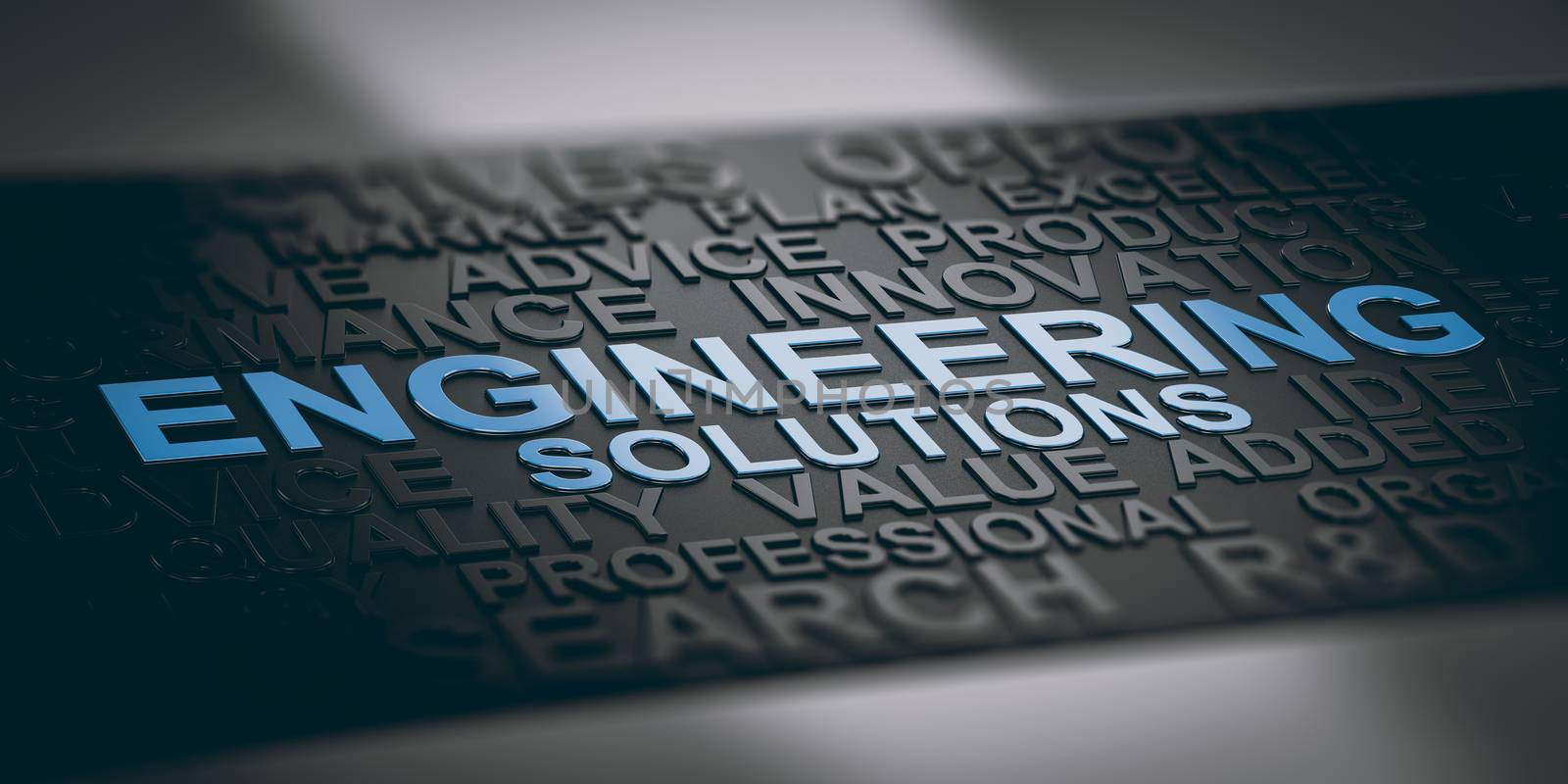 3D illustration of word cloud with focus on the text engineering solutions. Blue and black background.