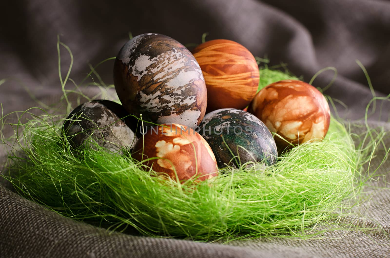 Easter eggs. Painted eggs in the false socket. Speckled eggs in green socket.