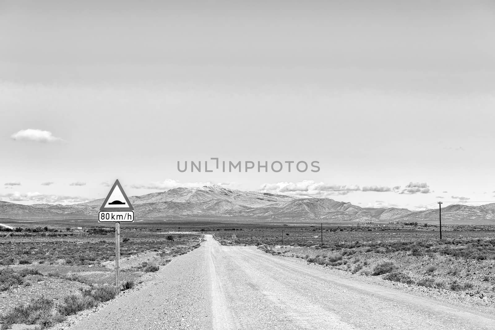 A landscape on road R356 to Ceres in the Western Cape Province. Snow is visible on Matroosberg. Monochrome