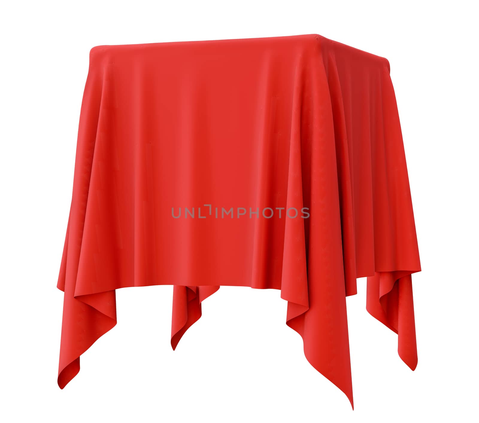 Red cloth on a square pedestal, isolated on white. 3d illustration
