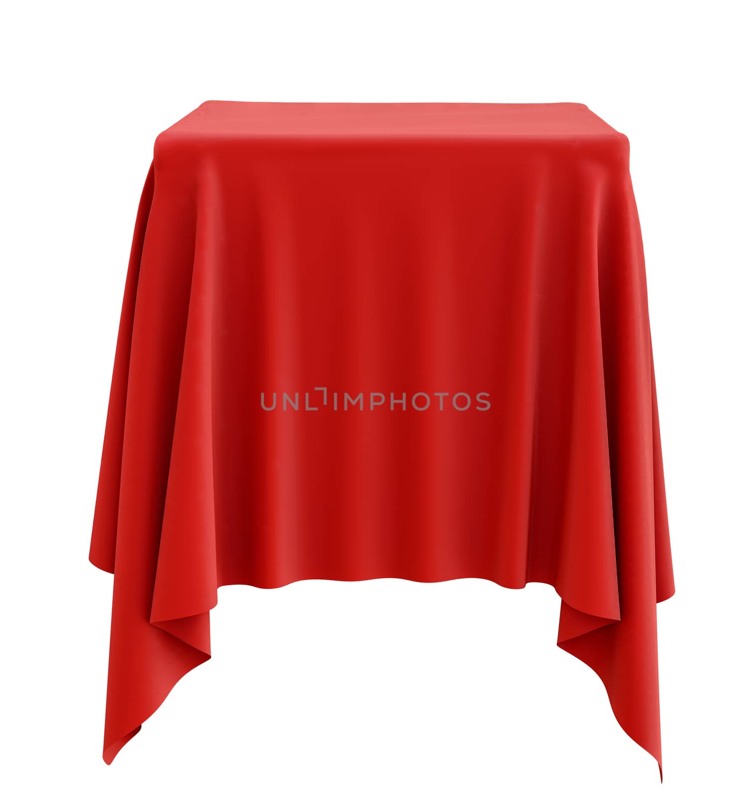 Red cloth on a square pedestal, isolated on white. 3d illustration