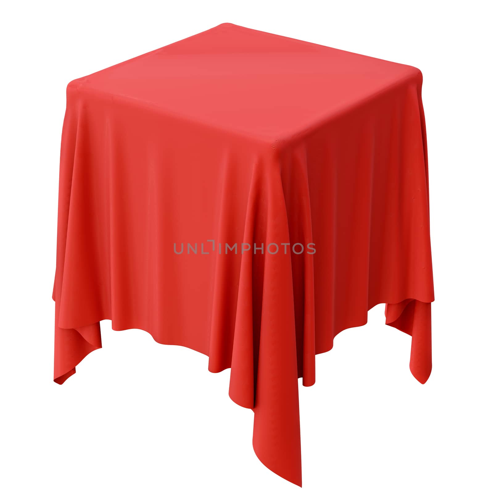 Red cloth on a square pedestal, isolated on white. 3d illustration