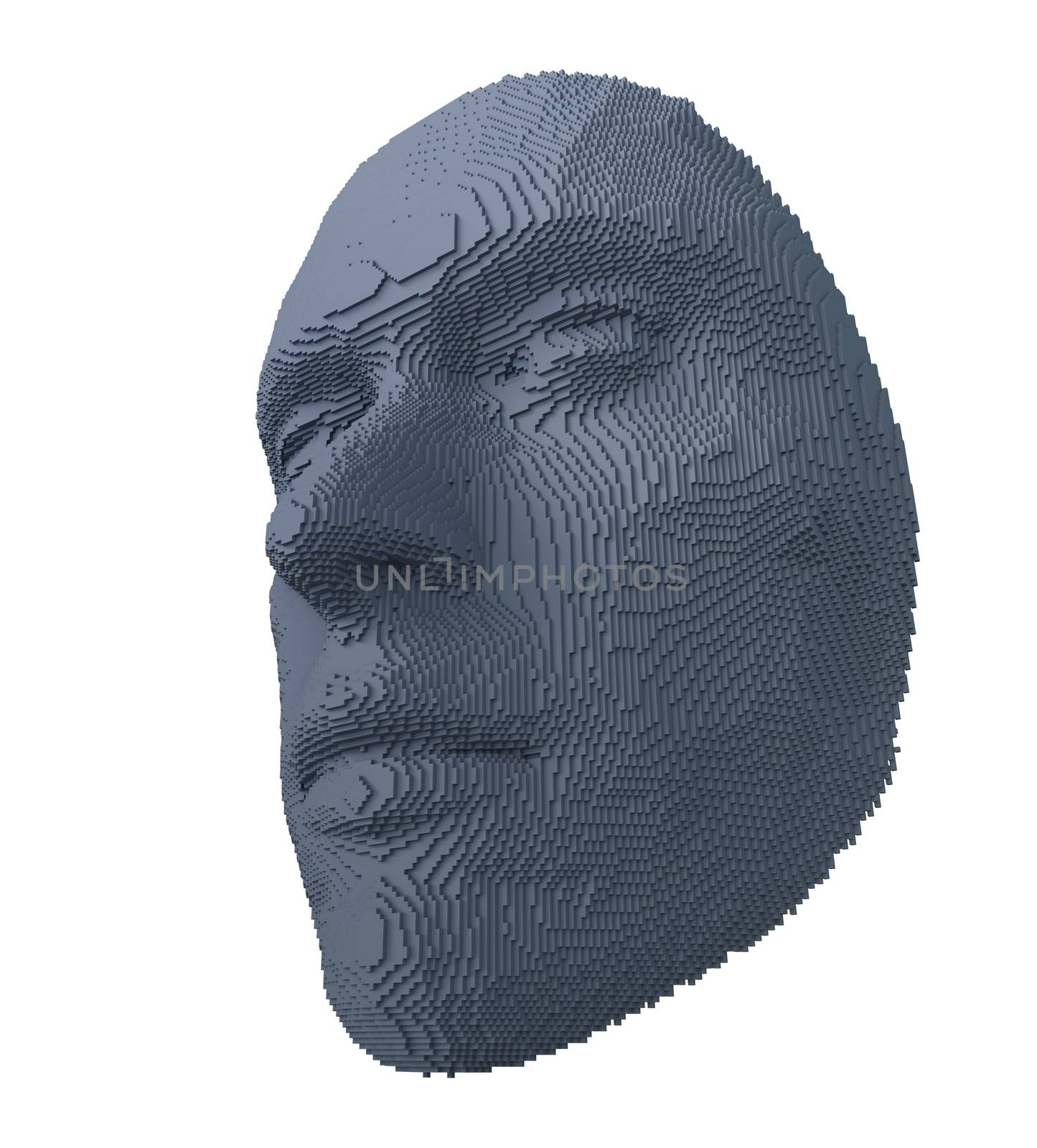 Abstract human face constructing from cubes on white background. Face ID or Artificial intelligence concept. 3D illustration