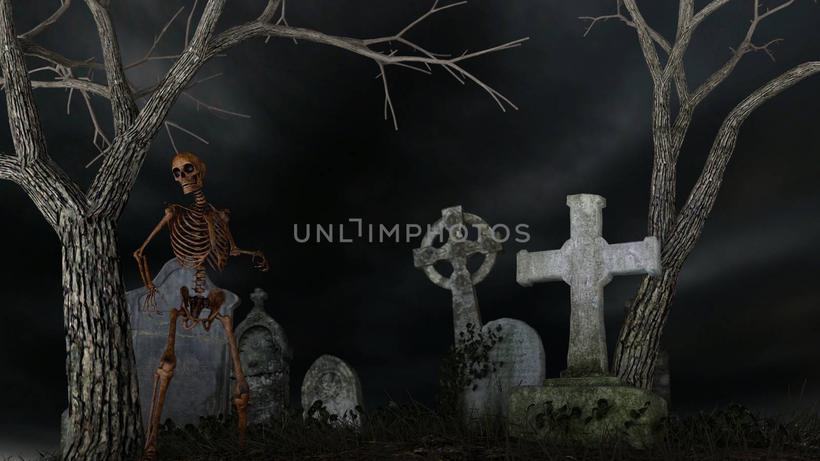 Skeleton in a spooky cemetery at night - 3d rendering