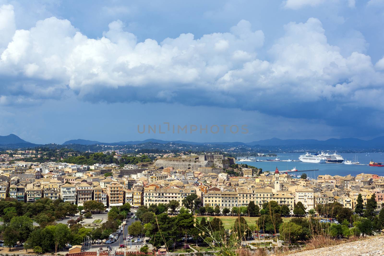 A picturesque view of the city of Corfu from the fortress of the Corfu town in Greece.