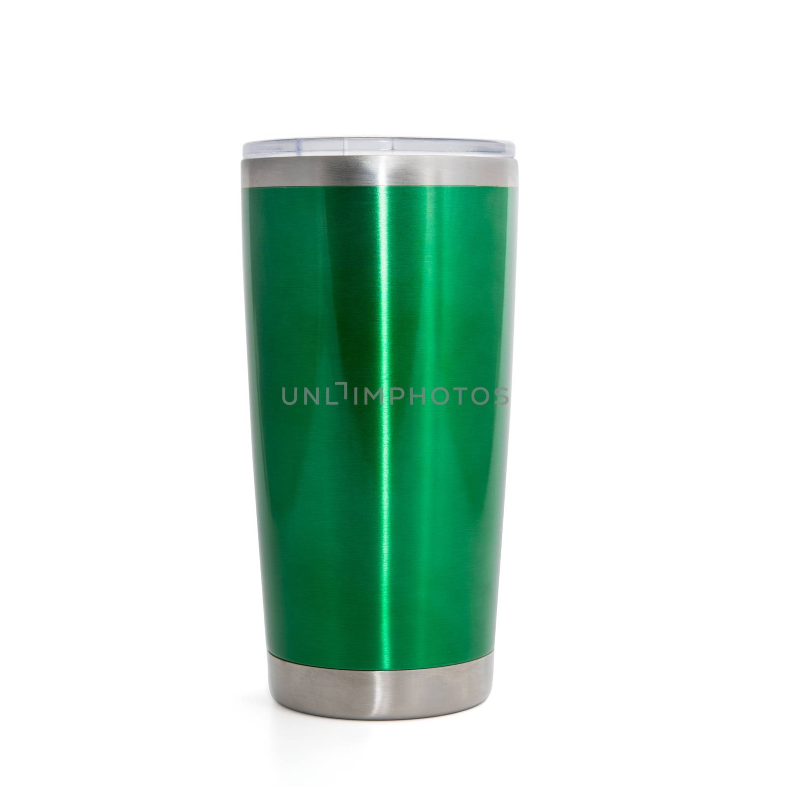 green stainless steel cup, thermos tumbler mug isolated on white by antpkr