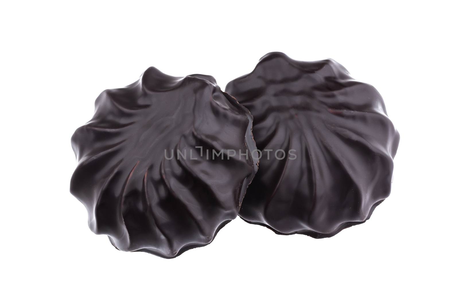 Chocolate covered marshmallows, traditional russian zephyr in chocolate isolated on white background with clipping path