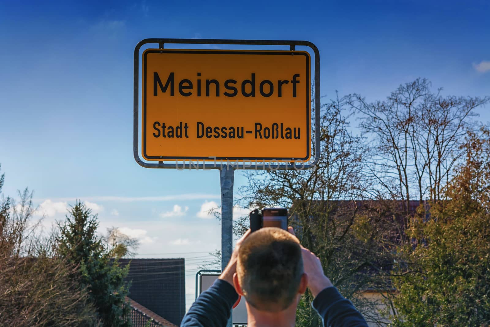 Town  Entrance sign of the village Meinsdorf, town Dessau Rosslau in Germany.