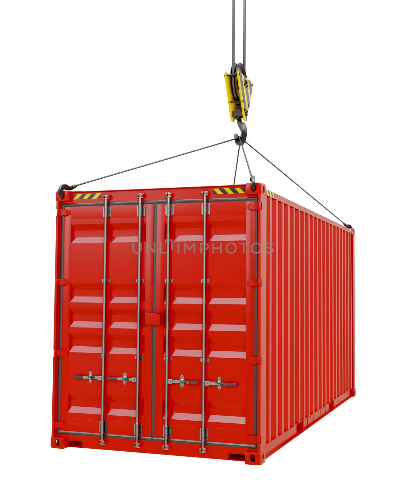 Service delivery - red cargo container hoisted by hook by cherezoff