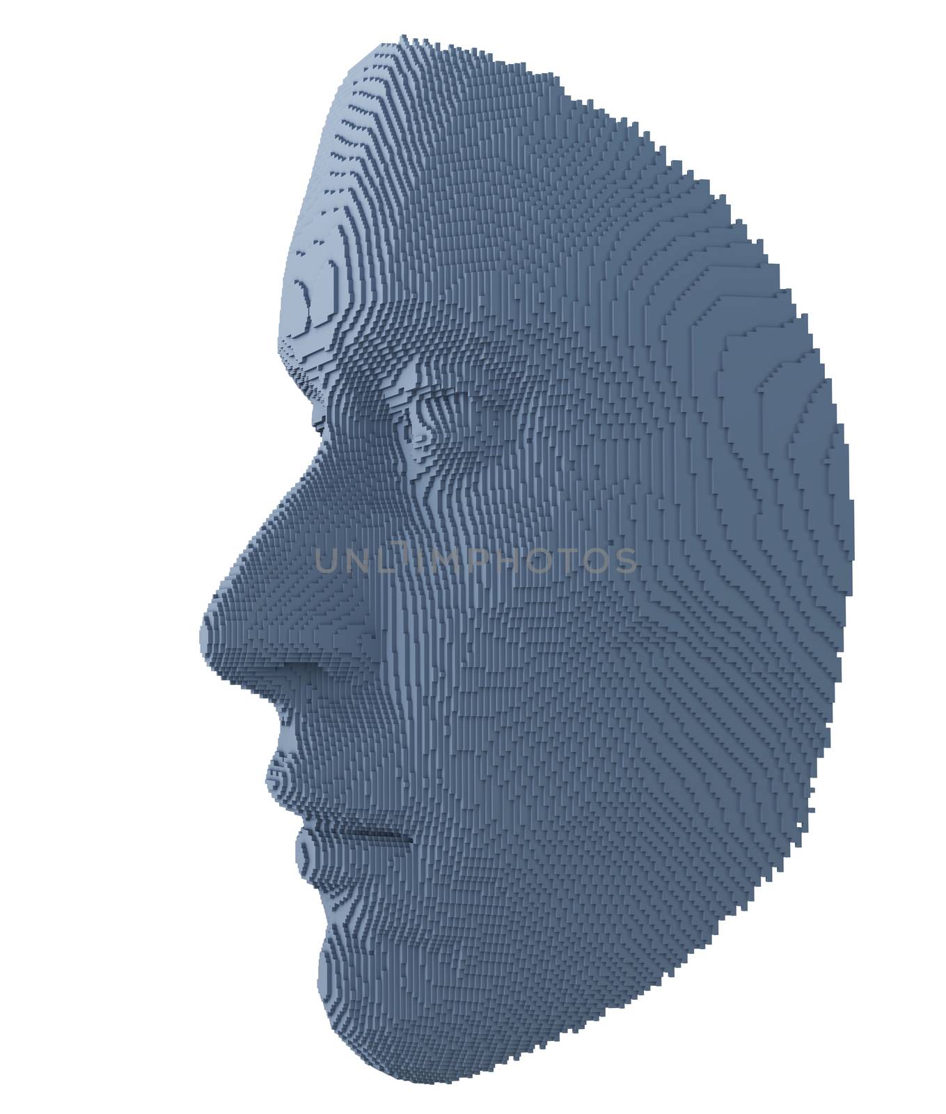 Abstract human face constructing from cubes on white background. Face ID or Artificial intelligence concept. 3D illustration