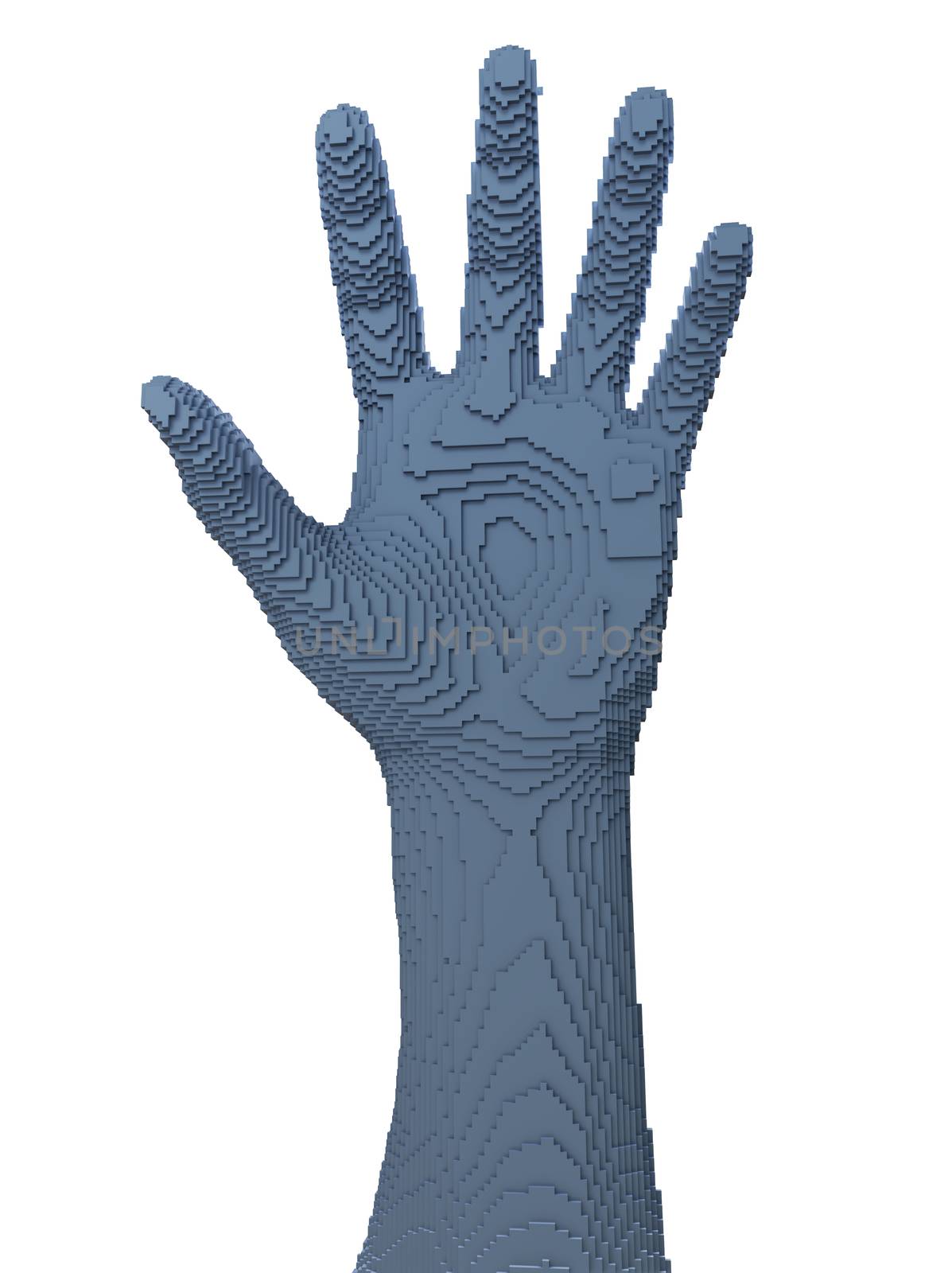Abstract human arm constructing from cubes on white background. Concept 3d printing of internal organs. 3D illustration