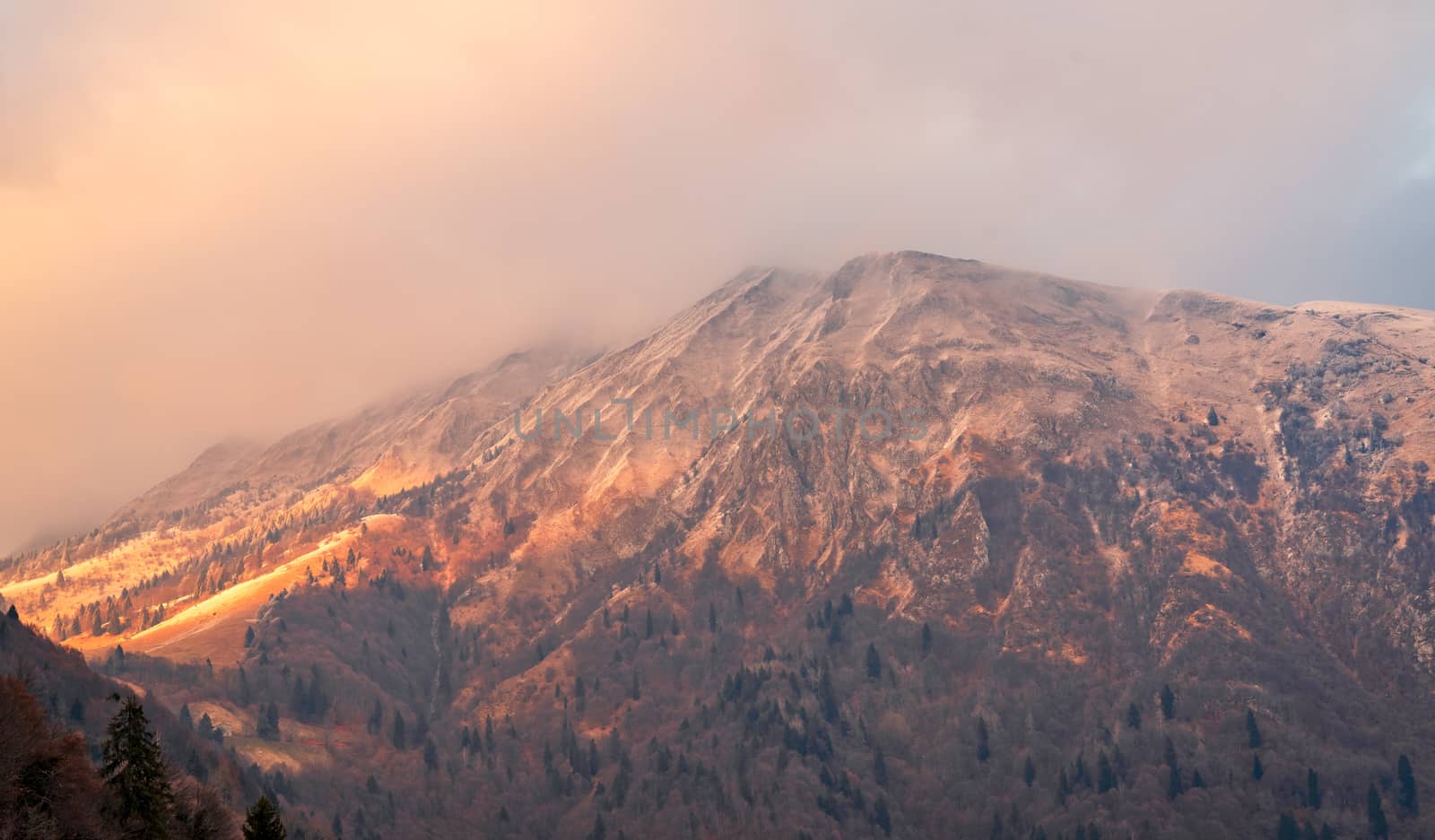 Wonderful view of the Orobie Alps at sunset, North Alps autumn / winter, the mountain is a little snow-covered ,Oltre il Colle,Seriana Valley,Bergamo Italy.