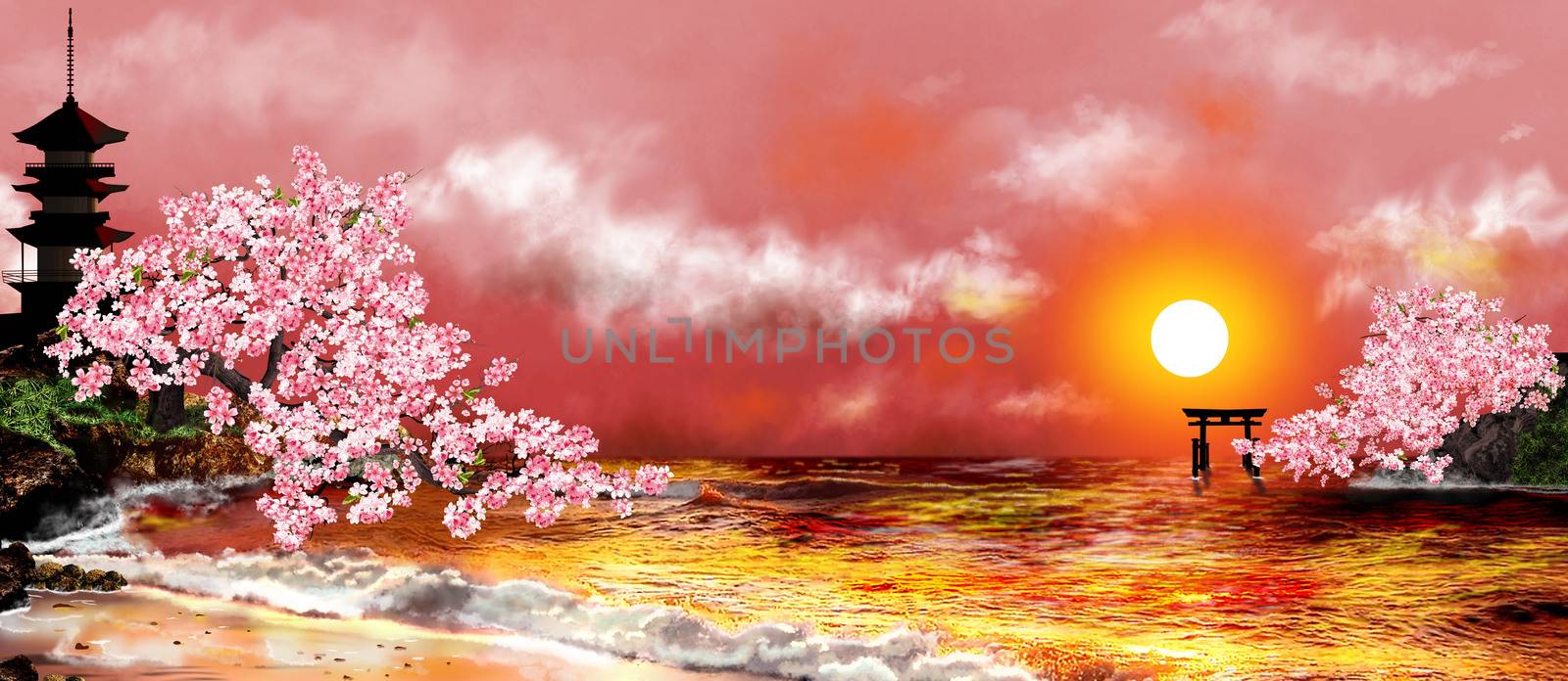 Seascape. Cherry blossoms . Japanese pagoda and the gate against the sky with clouds and sunset. Japanese landscape.