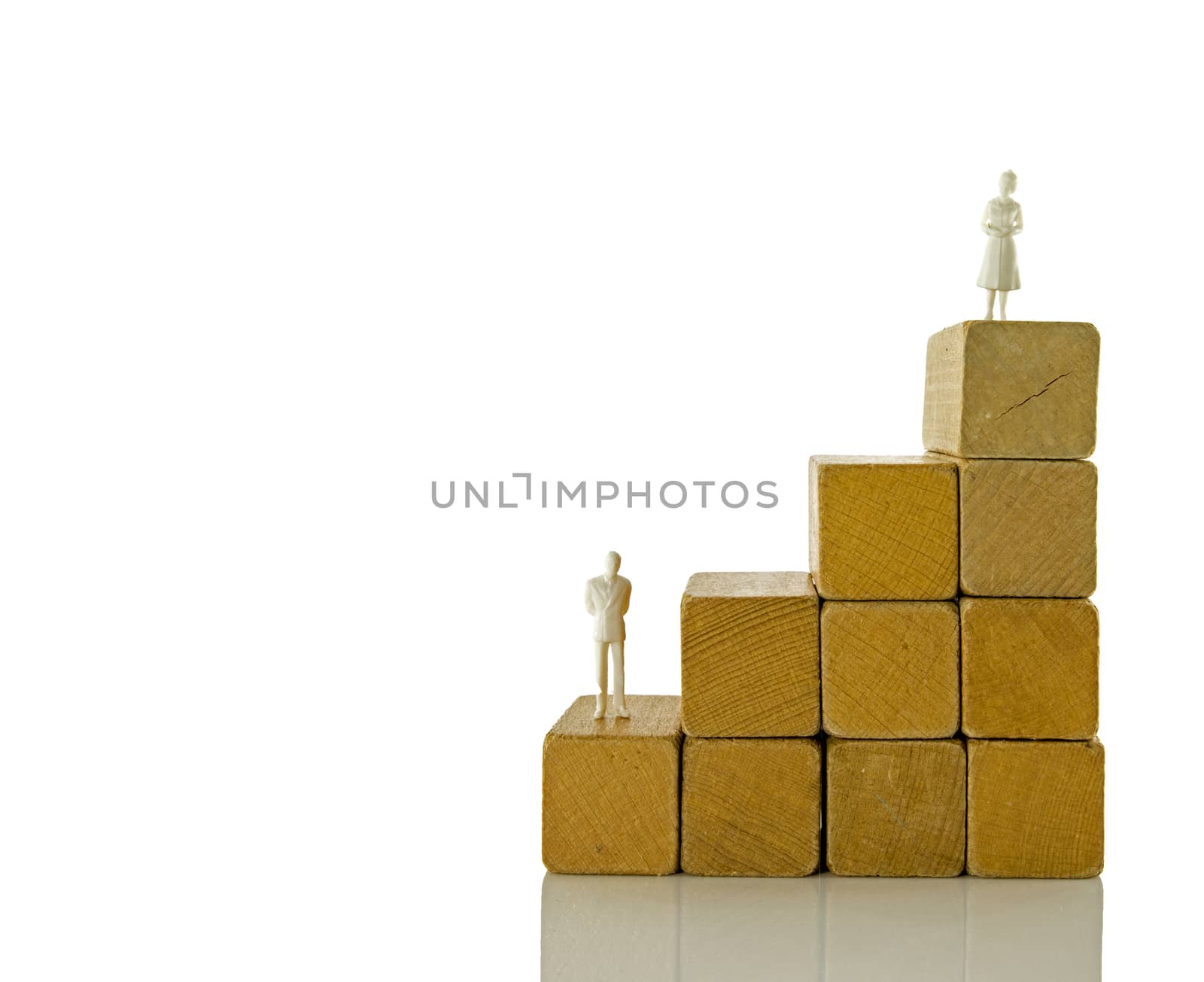Wood block stacking as step stair with woman on top of the career, Ladder career path concept for business growth success process
