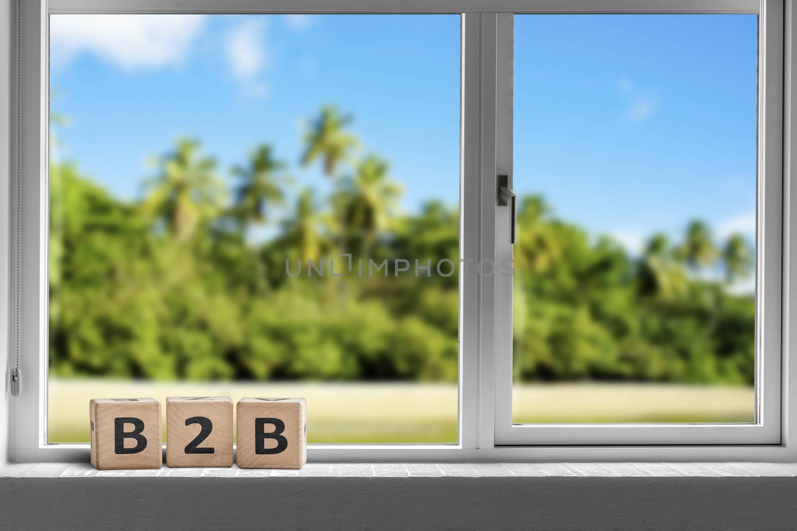 B2B sign in a window on a tropcal island with palm trees under a blue sky