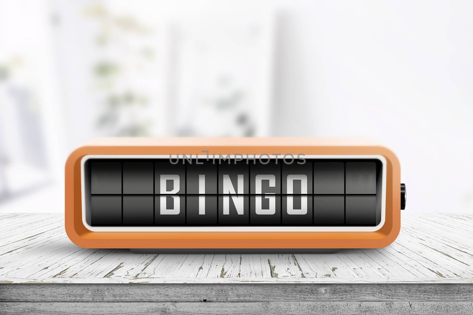 Bingo message on a retro alarm device in a bright living room with daylight