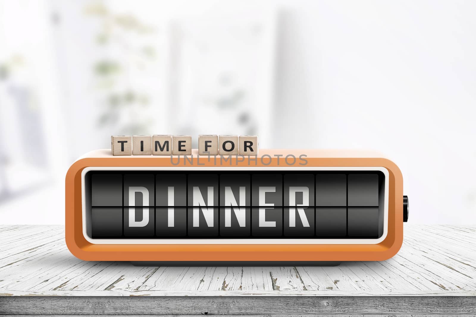 Time for dinner message on a wooden table with a retro alarm clock