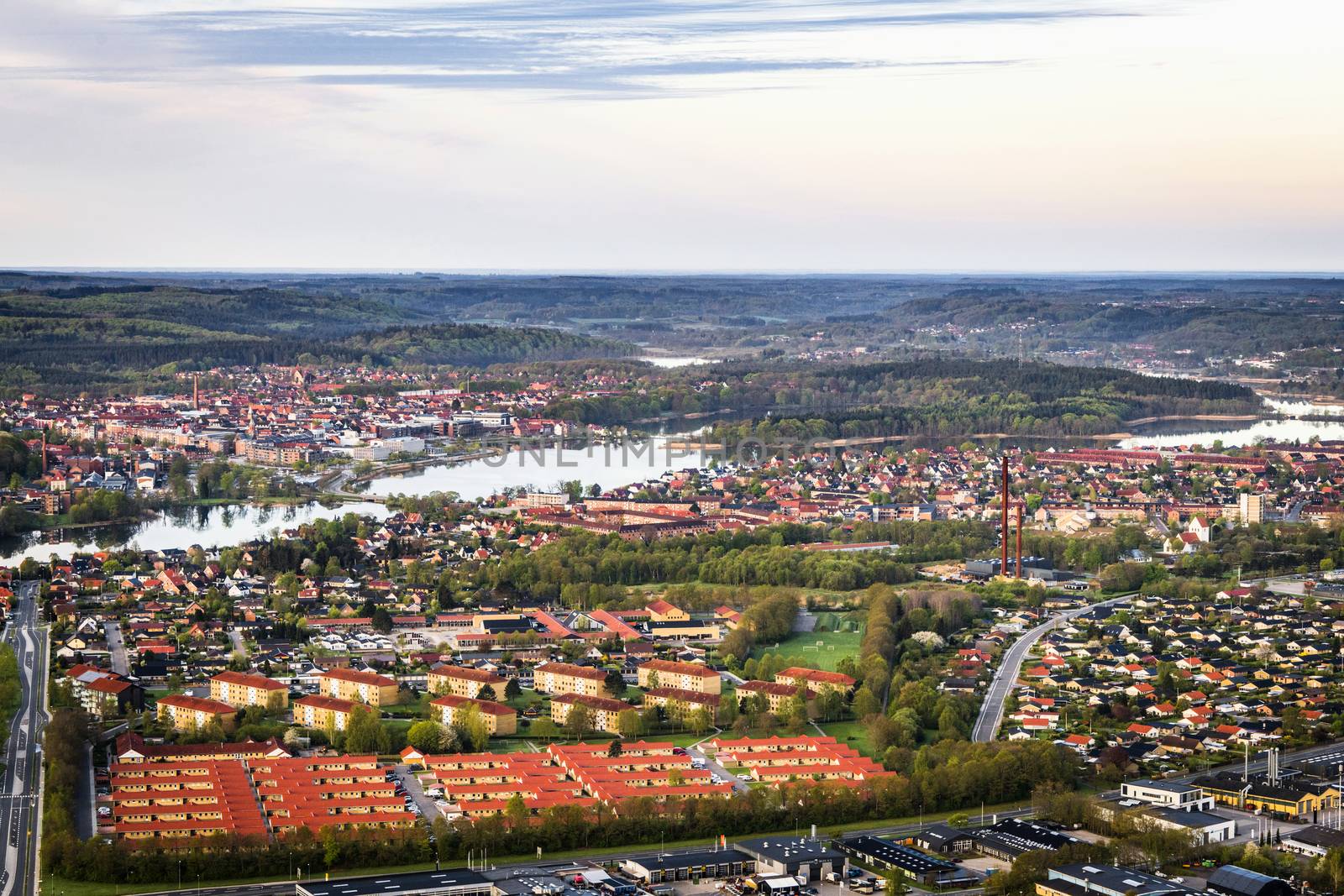 Silkeborg city in Denmark seen from above with buildings and rivers