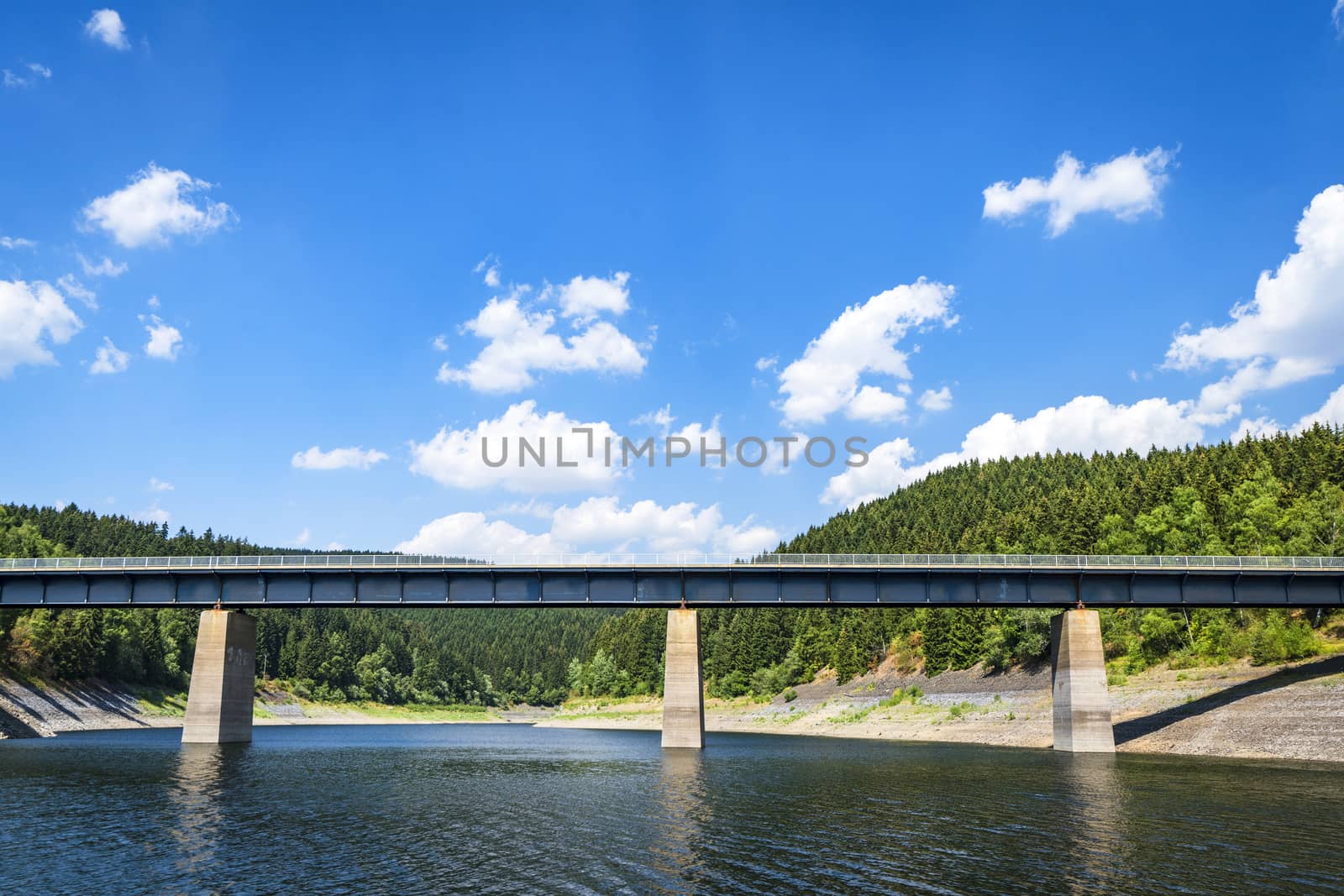 Large bridge over a lake near a forest in the summertime with blue sky