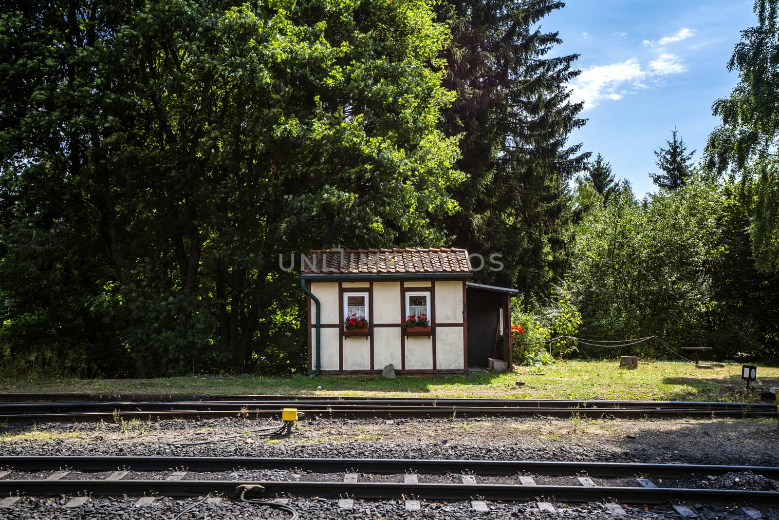 Small house close to a railroad with red flowers under the windows in the summer