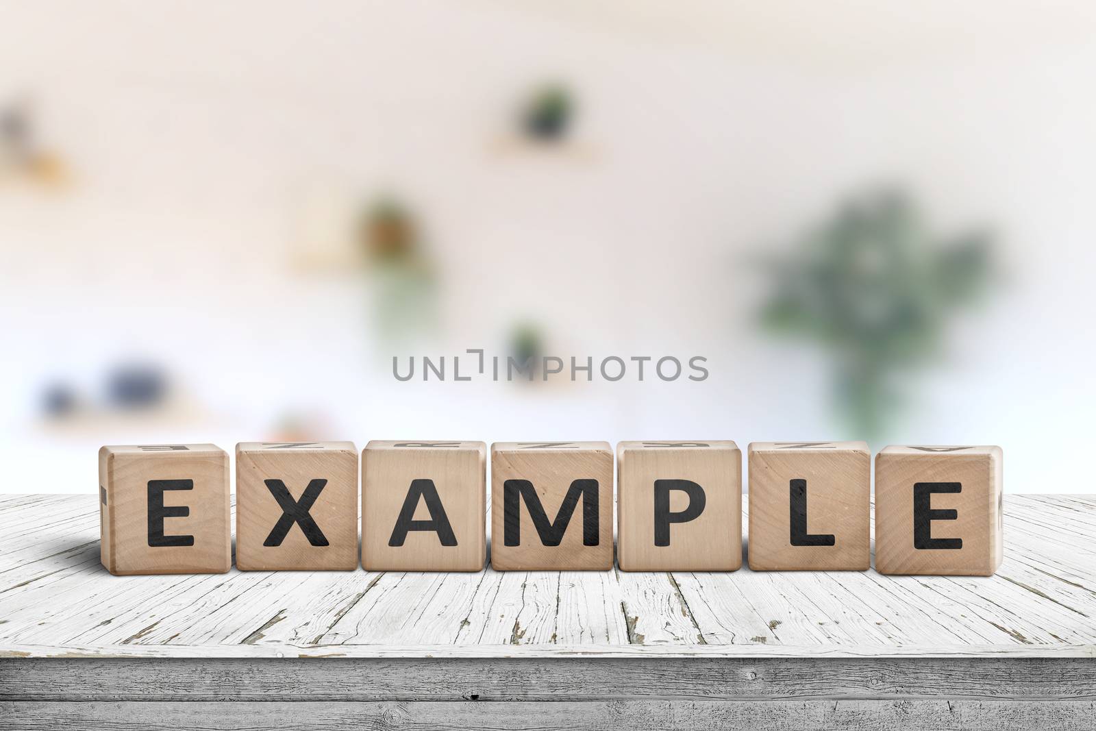 Example sign on a wooden table in a bright room with a colorful pattern in the background