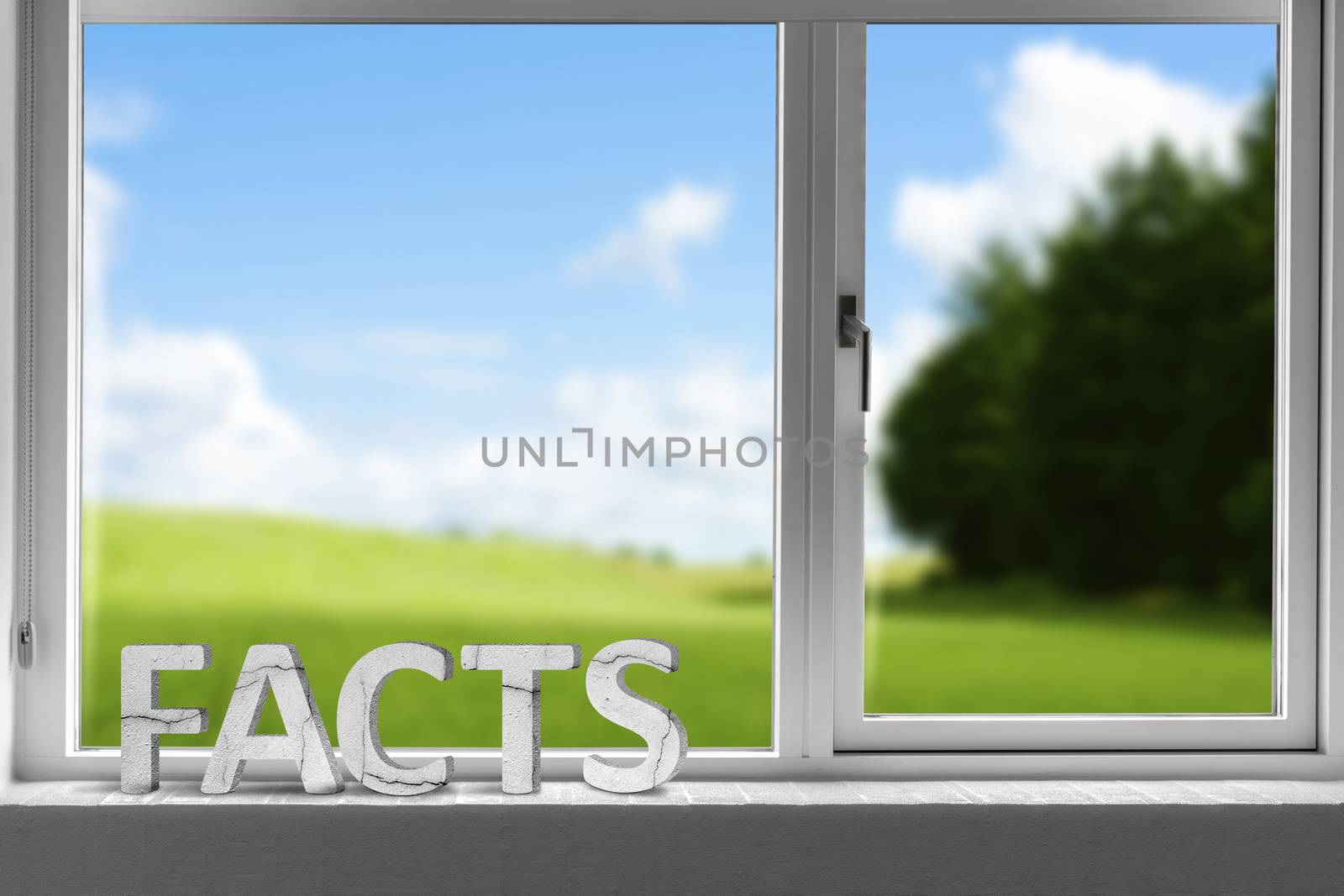 Facts decor sign in a window with a green meadow in the background