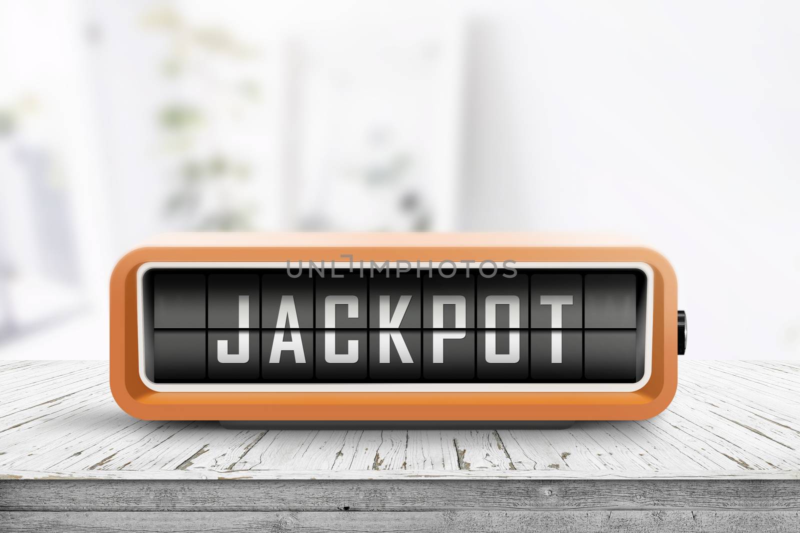 Jackpot message on a retro alarm device in a bright room by Sportactive