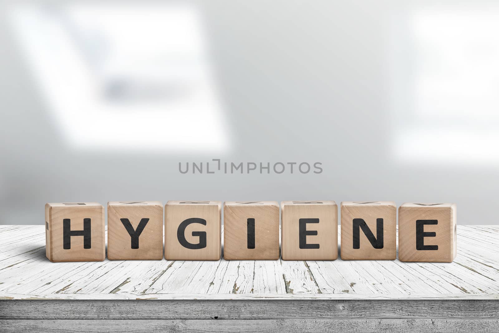 Hygiene sign on a wooden table in a bright bathroom in daylight