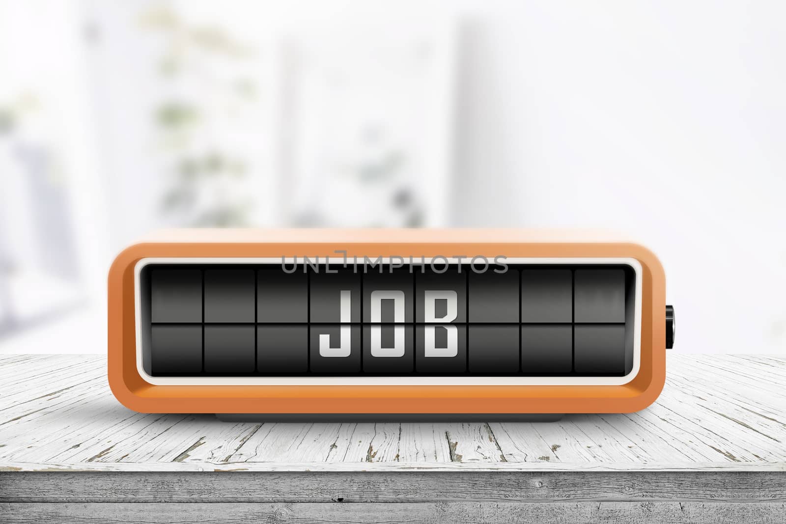 Job announcement displayed on a retro alarm clock in a bright home with a wooden table