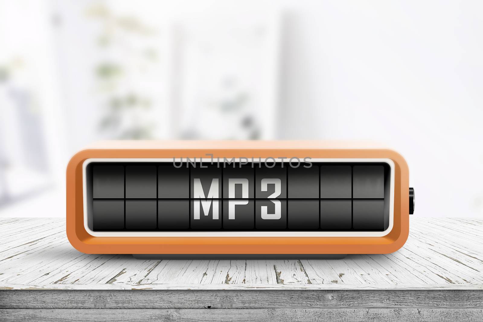 Mp3 message on a analog device in a bright room on a wooden table