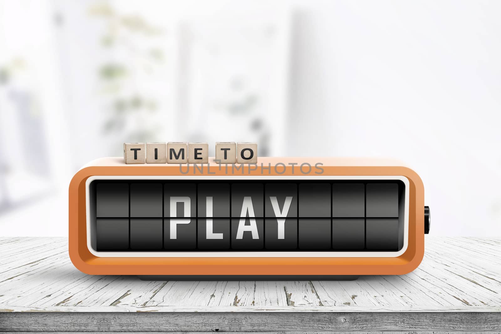 Time to play message on a retro alarm clock standing on a wooden table in a bright room