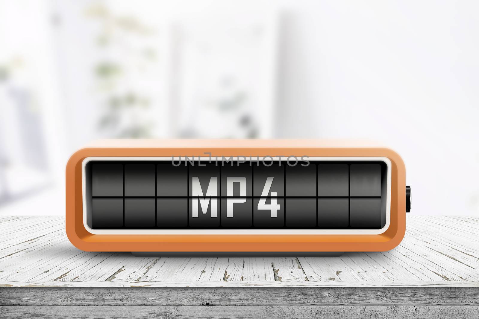 Mp4 sign on a analog device in a bright living room on a wooden desk