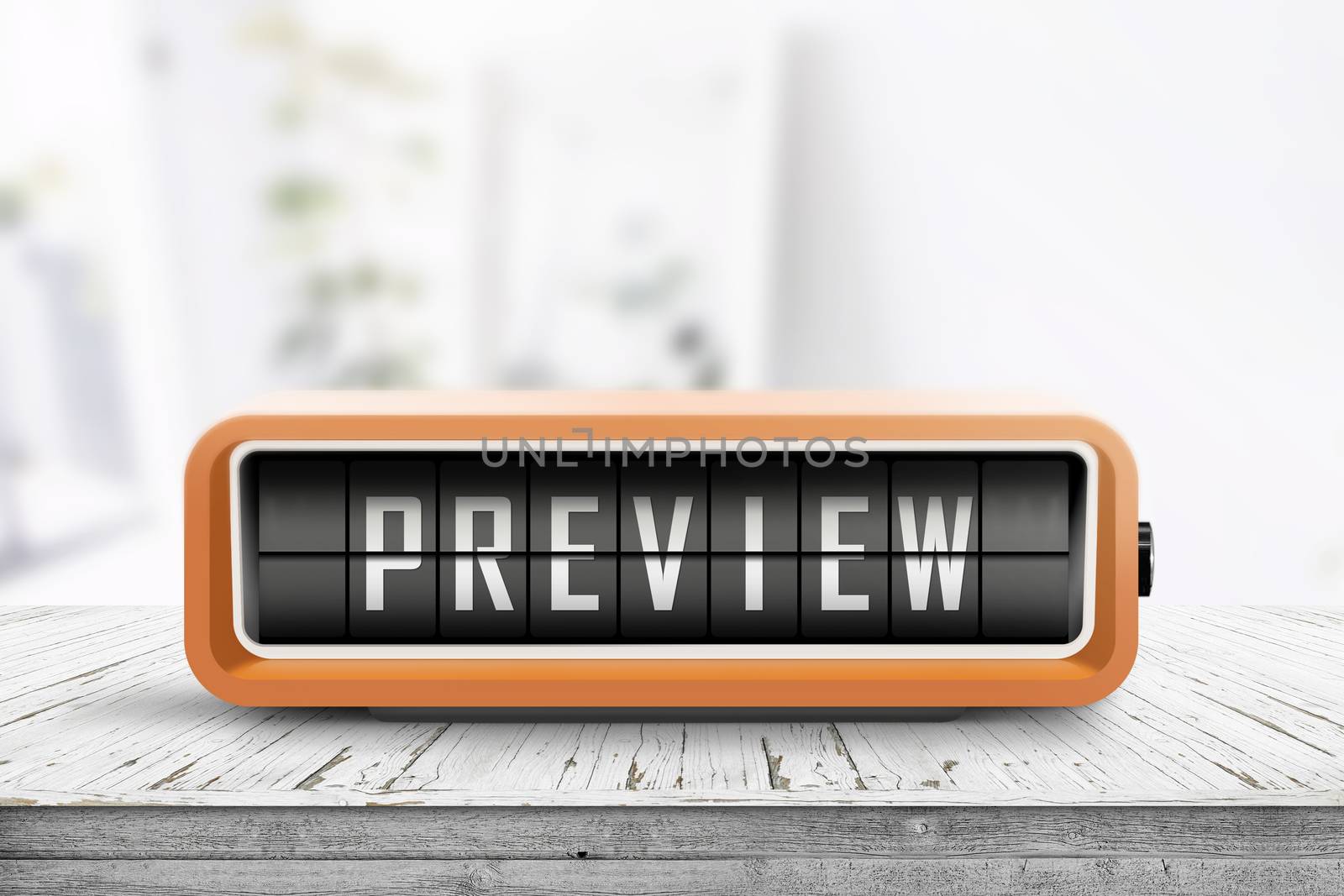 Preview sign in form of a retro alarm clock on a wooden desk in a bright room with sunlight