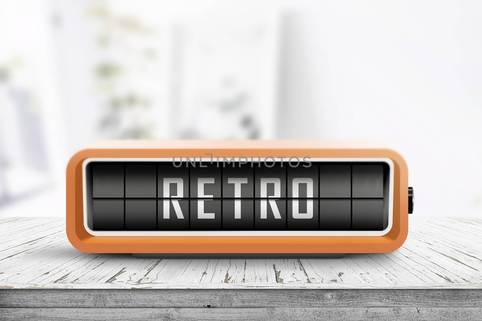 Retro alarm clock with a message on a wooden table in a bright living room