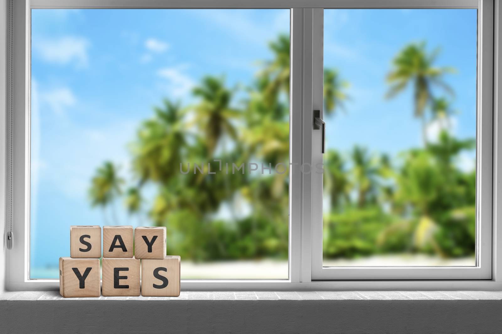 Say yes sign in a window on a tropical beach with palm trees in the summer sun