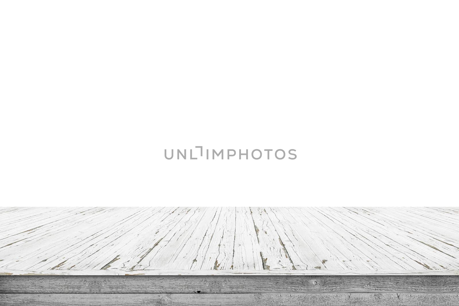 Wooden stage of planks with pealing white paint isolated on a white background