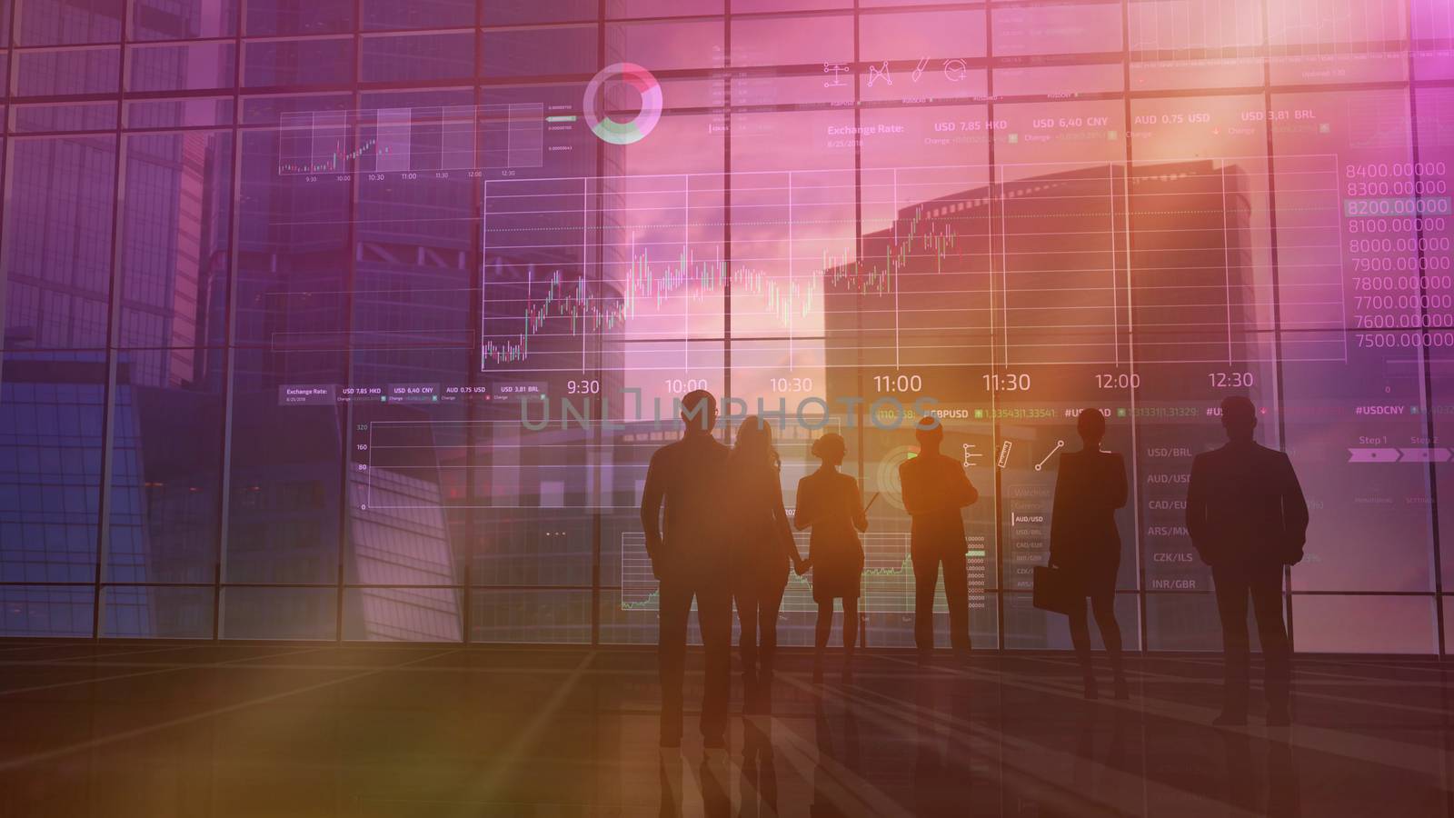 Silhouettes of business teams are closely monitoring the status of the exchange. Information is displayed on a holographic infographic in front of them.