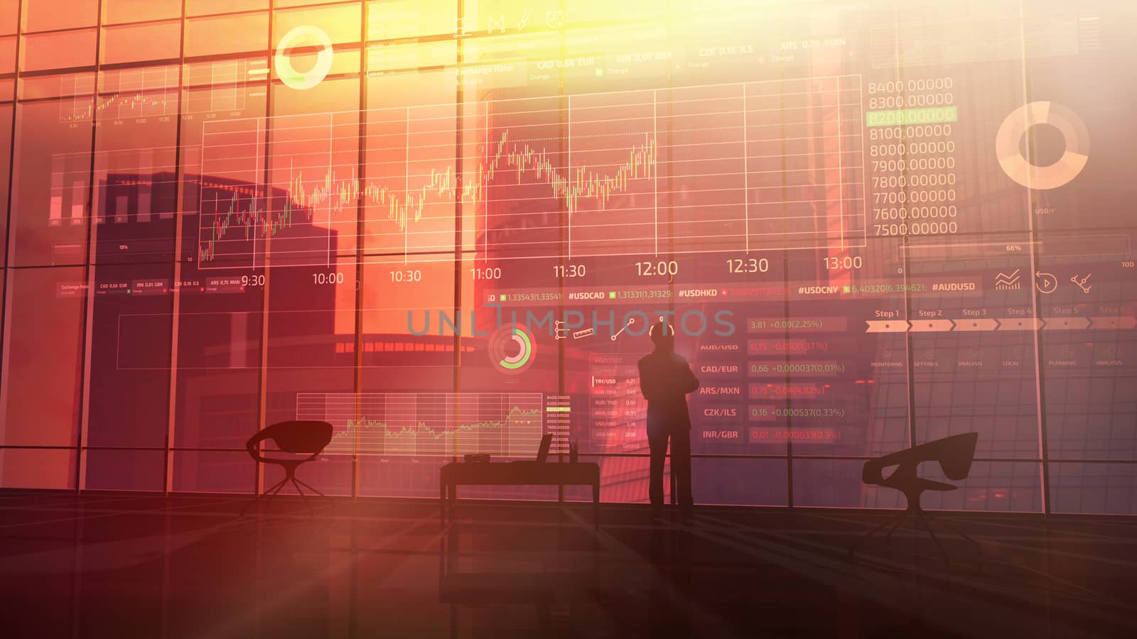 Silhouette of a trader considering an infographic that displays the movement of stock quotes.