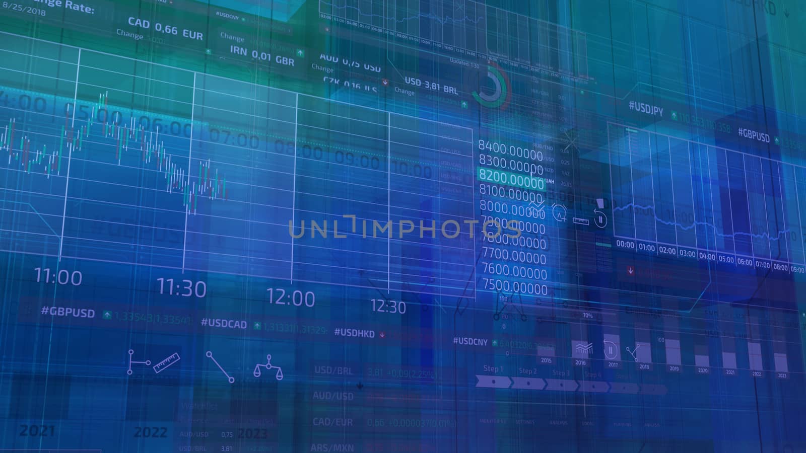 Dark blue background with corporate trading infographics in virtual space.