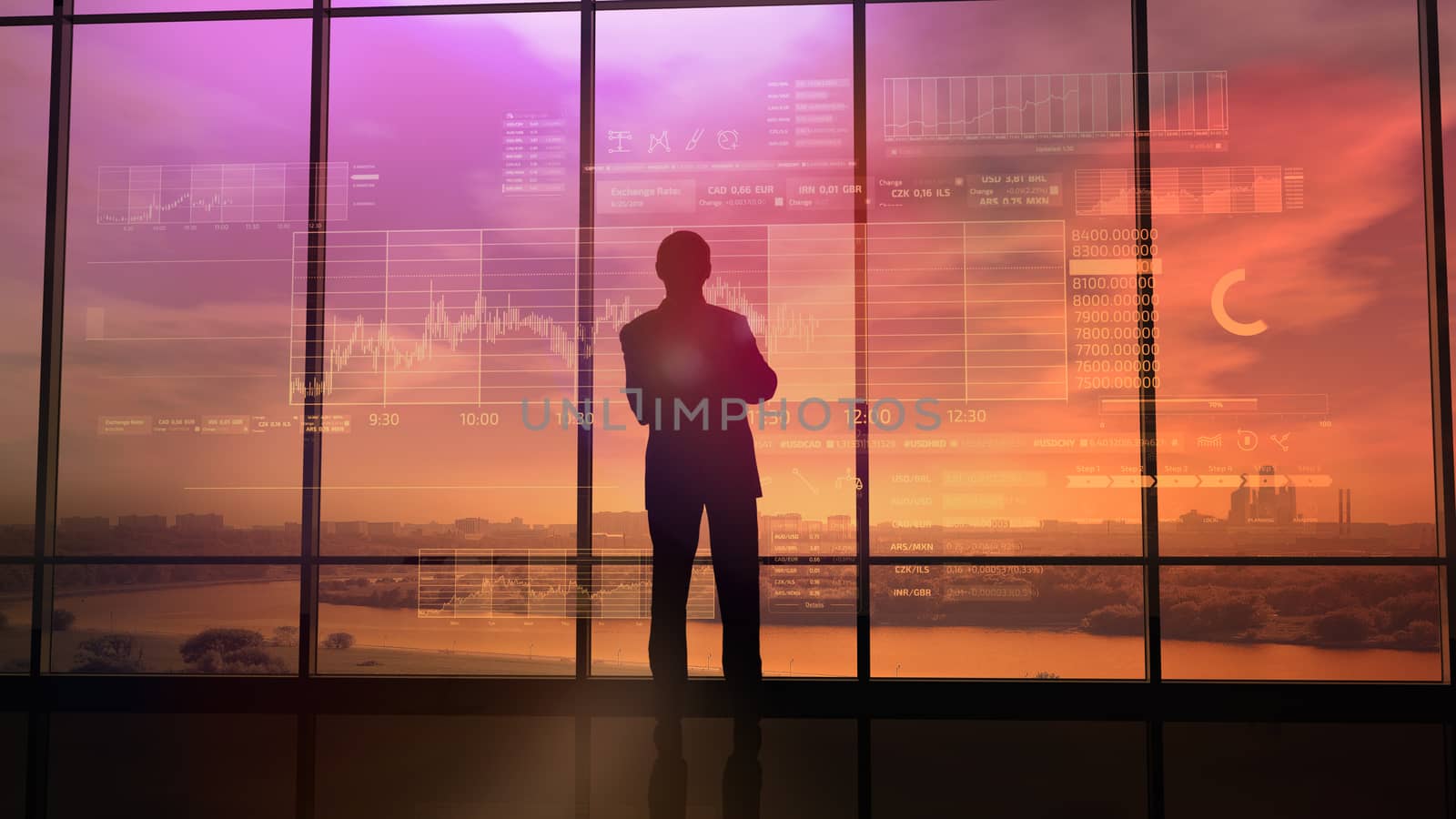 At sunset in his large office, the trader with the help of infographics monitors the activity of the exchange.