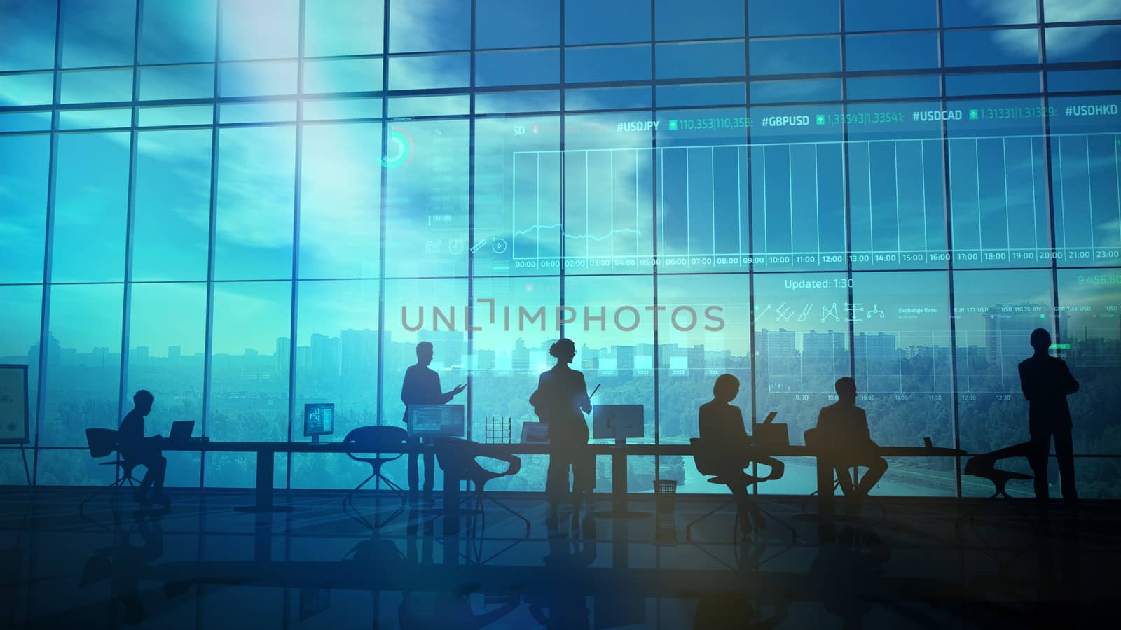 A group of traders at the desk views a holographic infographic unfolding in the air.