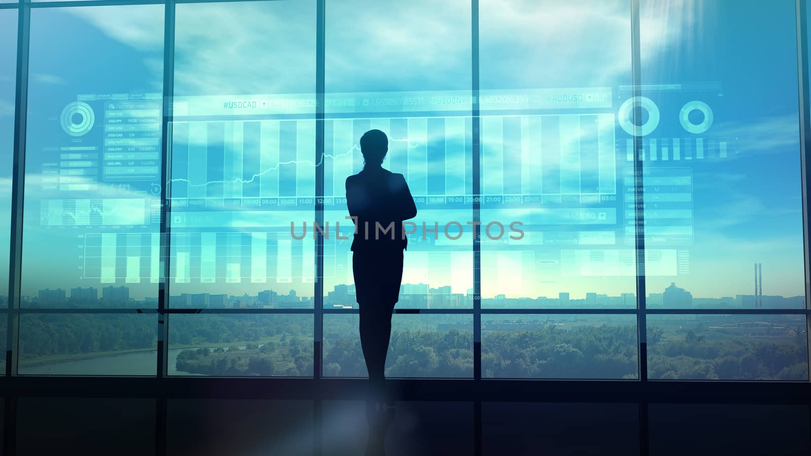 Silhouette of business woman and stock exchange infographics by ConceptCafe