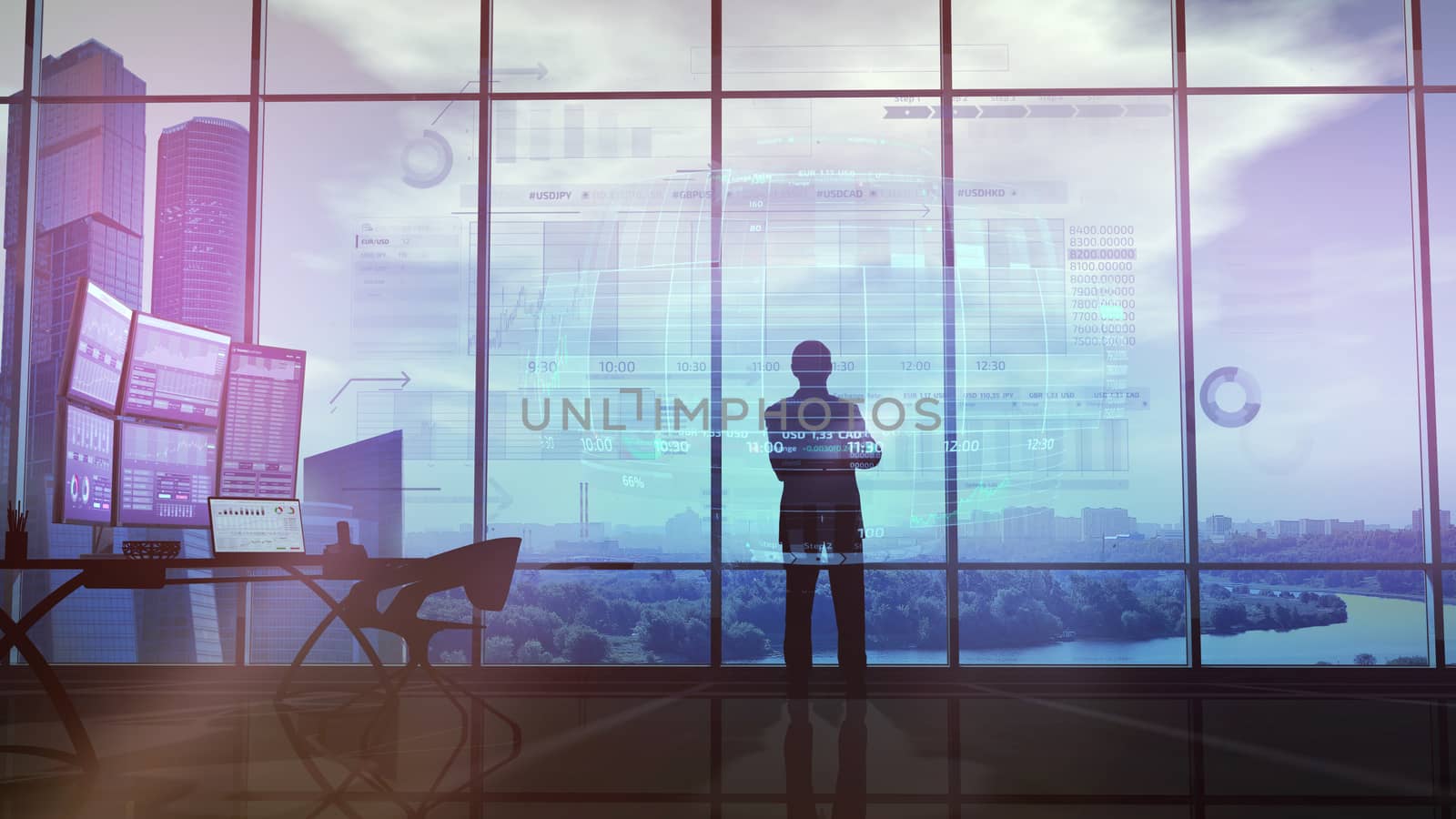 In an office with large windows, there is a silhouette of a trader looking at an infographic showing the exchange area and trading data.