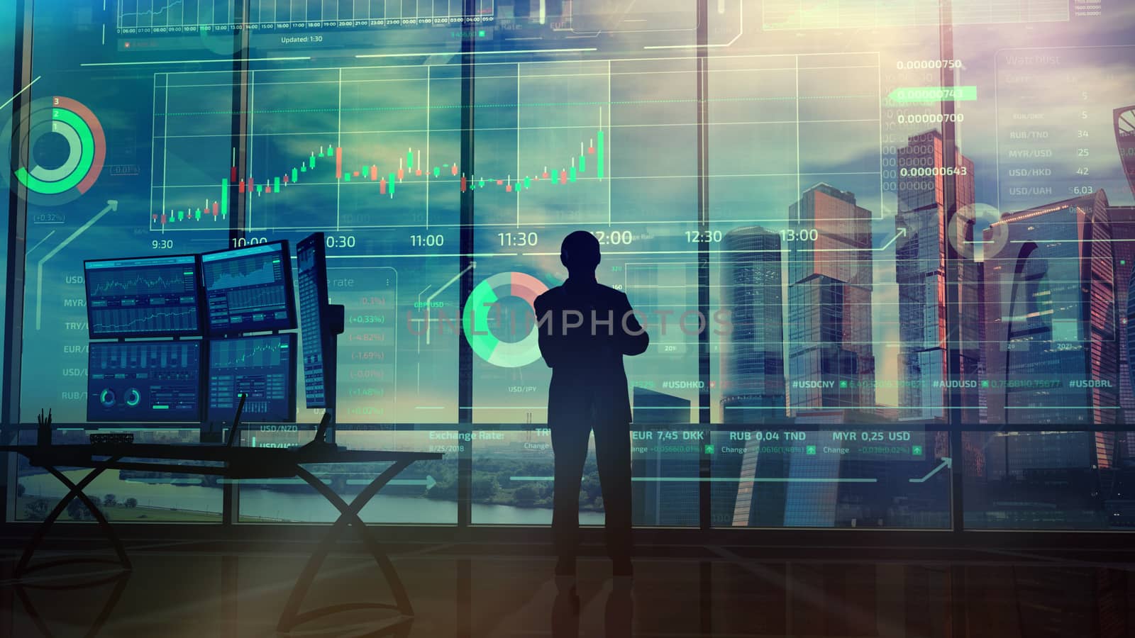 In an office with large windows, there is a silhouette of a trader looking at an infographic showing the exchange area and trading data.