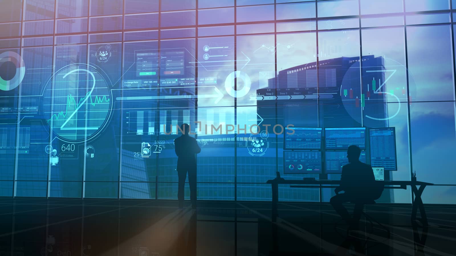 Silhouettes of traders are closely monitoring the status of the exchange. Information is displayed on a holographic infographic in front of them.
