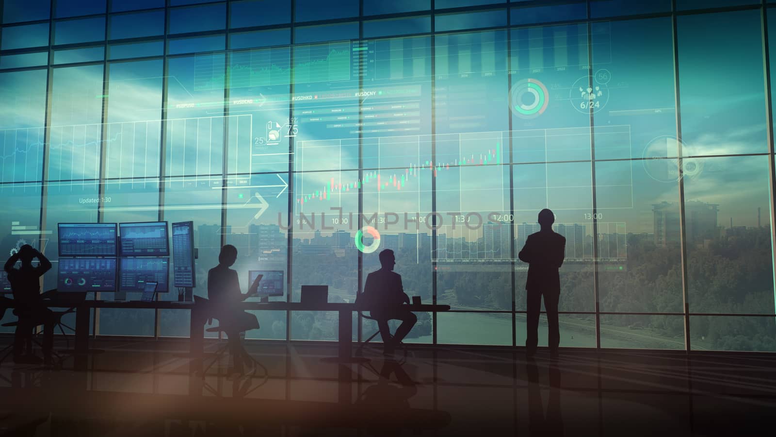 A group of traders at the desk views a holographic infographic unfolding in the air.